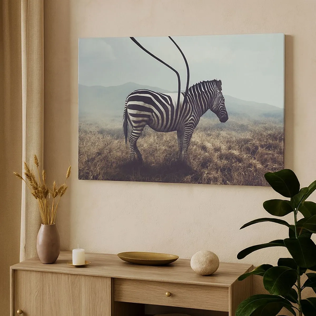 Quadro su tela - Stampe su Tela - Una zebra surreale contro un paesaggio erboso - 70x50cm - Attenzione! Difetto - Decorazione murale moderna per soggiorno e camera da letto ARTTOR