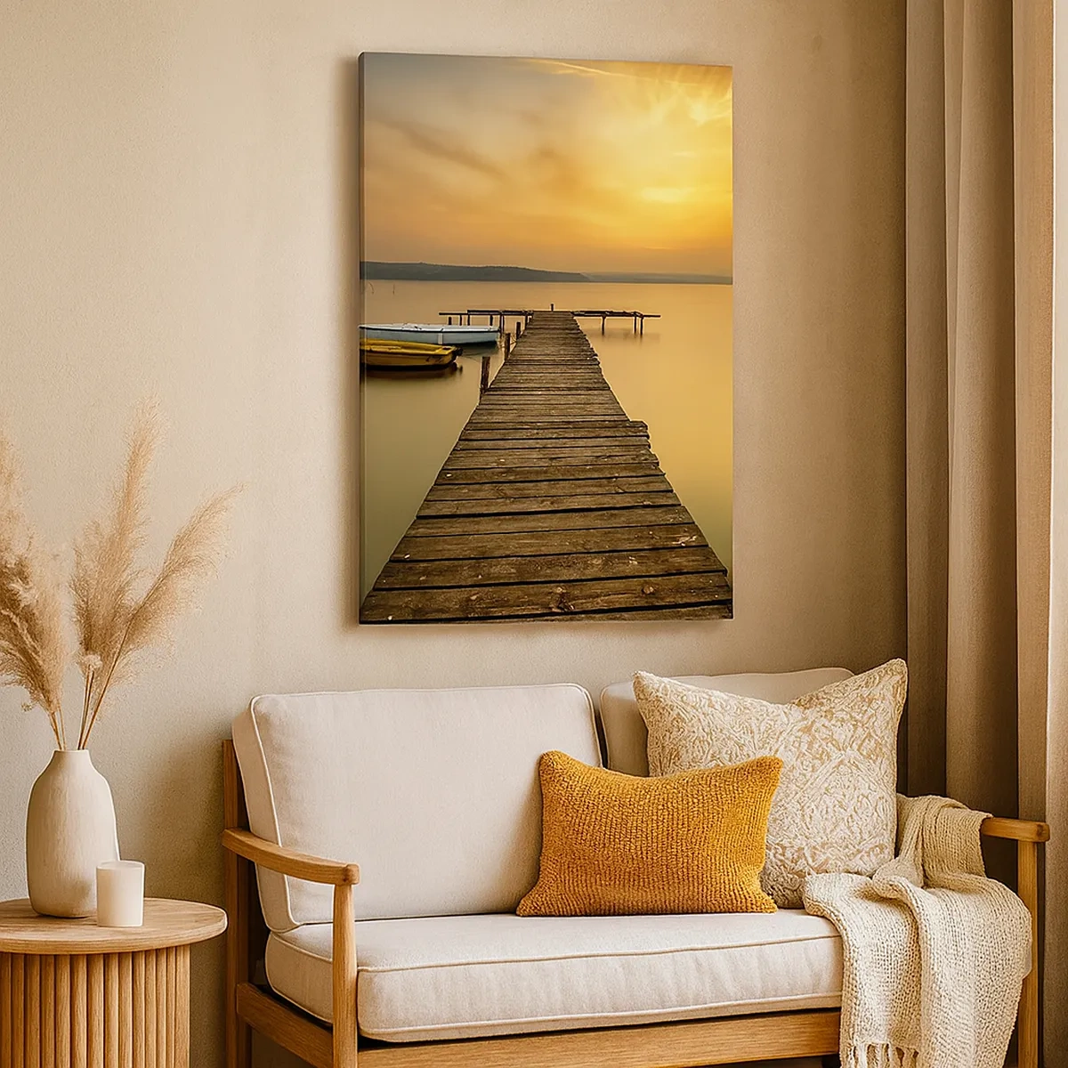 Quadro su tela - Stampe su Tela - Pontile in legno e barche sul lago al tramonto - 50x70cm - Ti apro il cielo dorato - Decorazione murale moderna per soggiorno e camera da letto ARTTOR