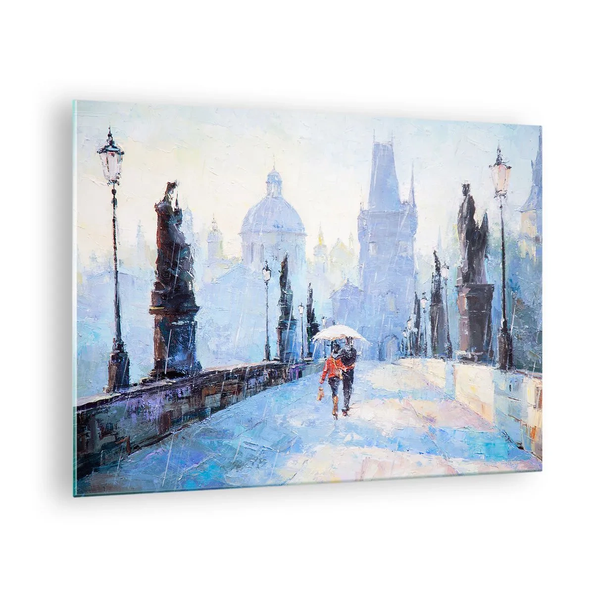 Quadro su vetro - Camminare con un ombrello su un ponte storico in una giornata piovosa - 70x50cm - La pioggia ci ha incantati - Decorazione murale moderna per soggiorno e camera da letto ARTTOR
