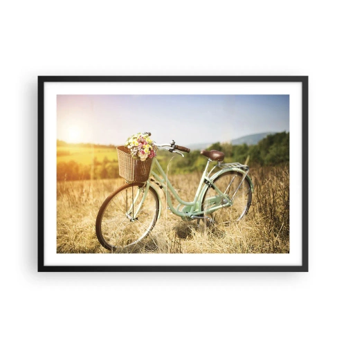 Poster in cornice nera - Una bicicletta retrò con un cesto pieno di fiori sullo sfondo di un prato. - 70x50cm - Resto qui un attimo - Decorazione murale moderna per soggiorno e camera da letto ARTTOR