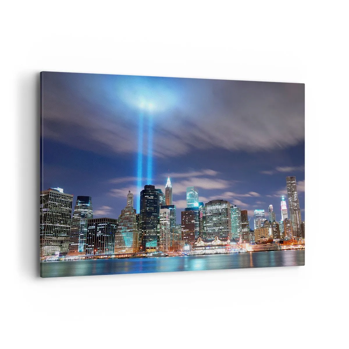 Quadro su tela - Stampe su Tela - Panorama notturno della città con due fasci di luce luminosi nel cielo - 120x80cm - Toccare il cielo con la luce - Decorazione murale moderna per soggiorno e camera da letto ARTTOR