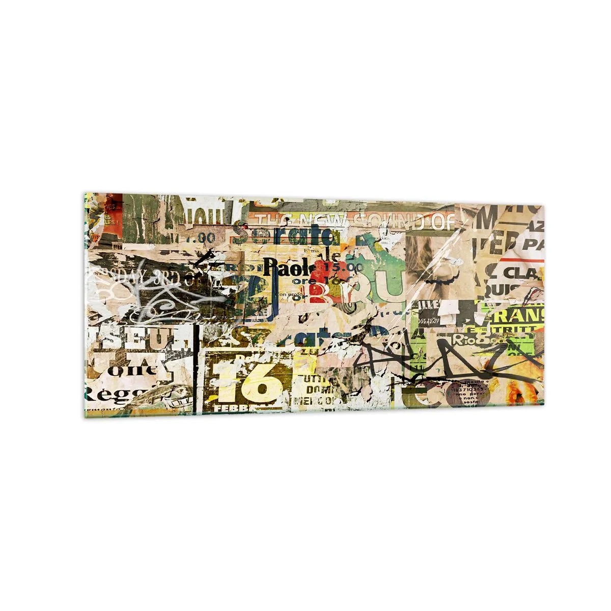 Quadro su vetro - Un collage di frammenti di giornali e manifesti in stile artistico. - 120x50cm - Qualcosa sta succedendo… - Decorazione murale moderna per soggiorno e camera da letto ARTTOR