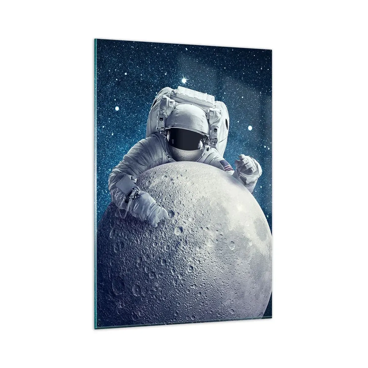 Quadro su vetro - Astronauta che tiene la luna contro un cielo stellato - 80x120cm - Burlone spaziale - Decorazione murale moderna per soggiorno e camera da letto ARTTOR