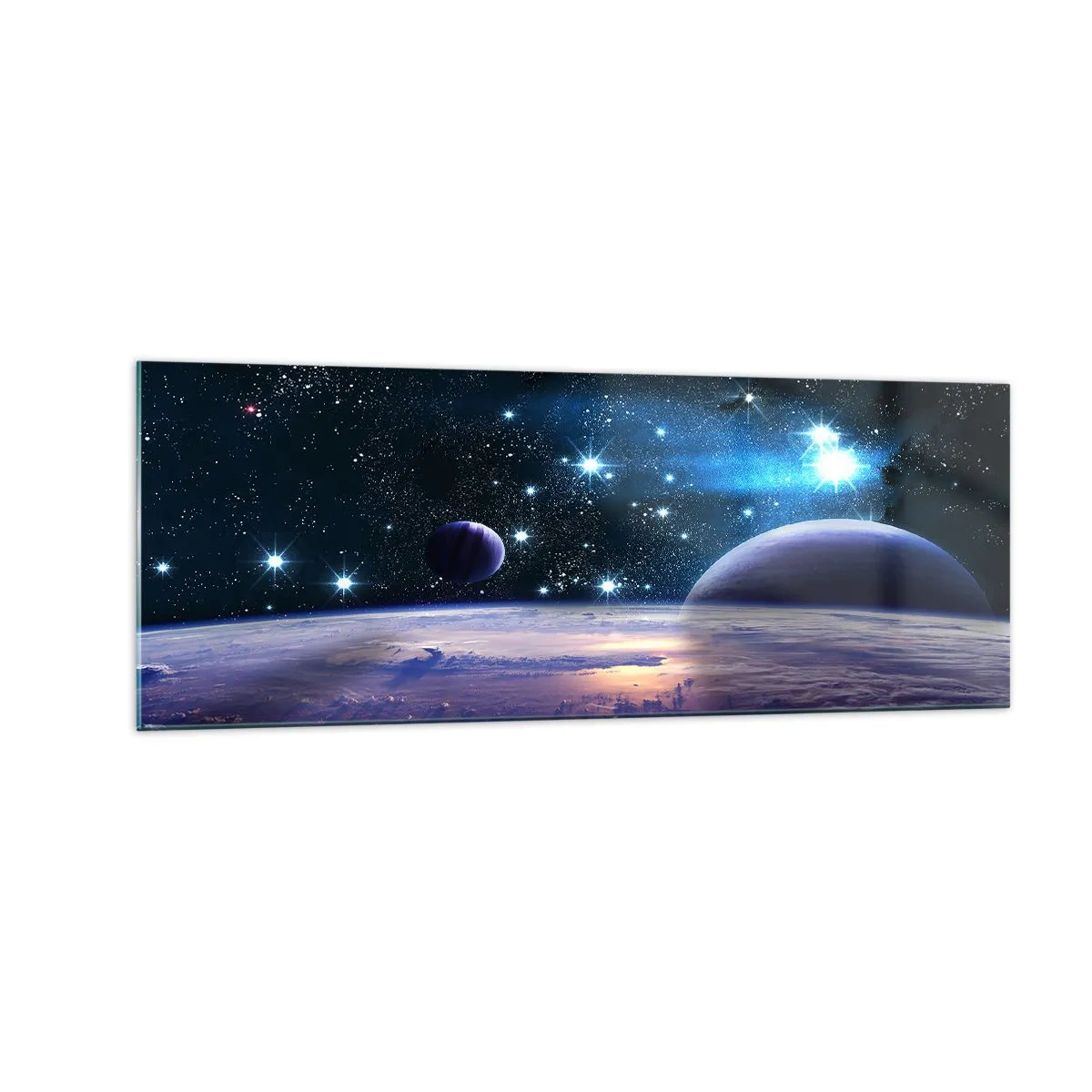 Quadro su vetro - Una vista dello spazio con pianeti e stelle - 140x50cm - Sempre da soli? - Decorazione murale moderna per soggiorno e camera da letto ARTTOR