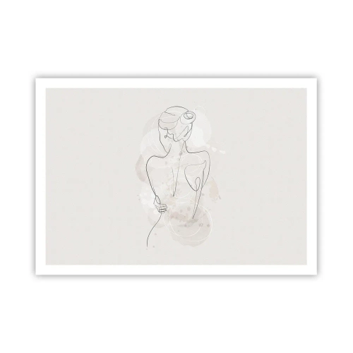 Poster - Uno schizzo minimalista di una silhouette femminile su uno sfondo chiaro. - 100x70cm - Come uno strumento delicato - Decorazione murale moderna per soggiorno e camera da letto ARTTOR