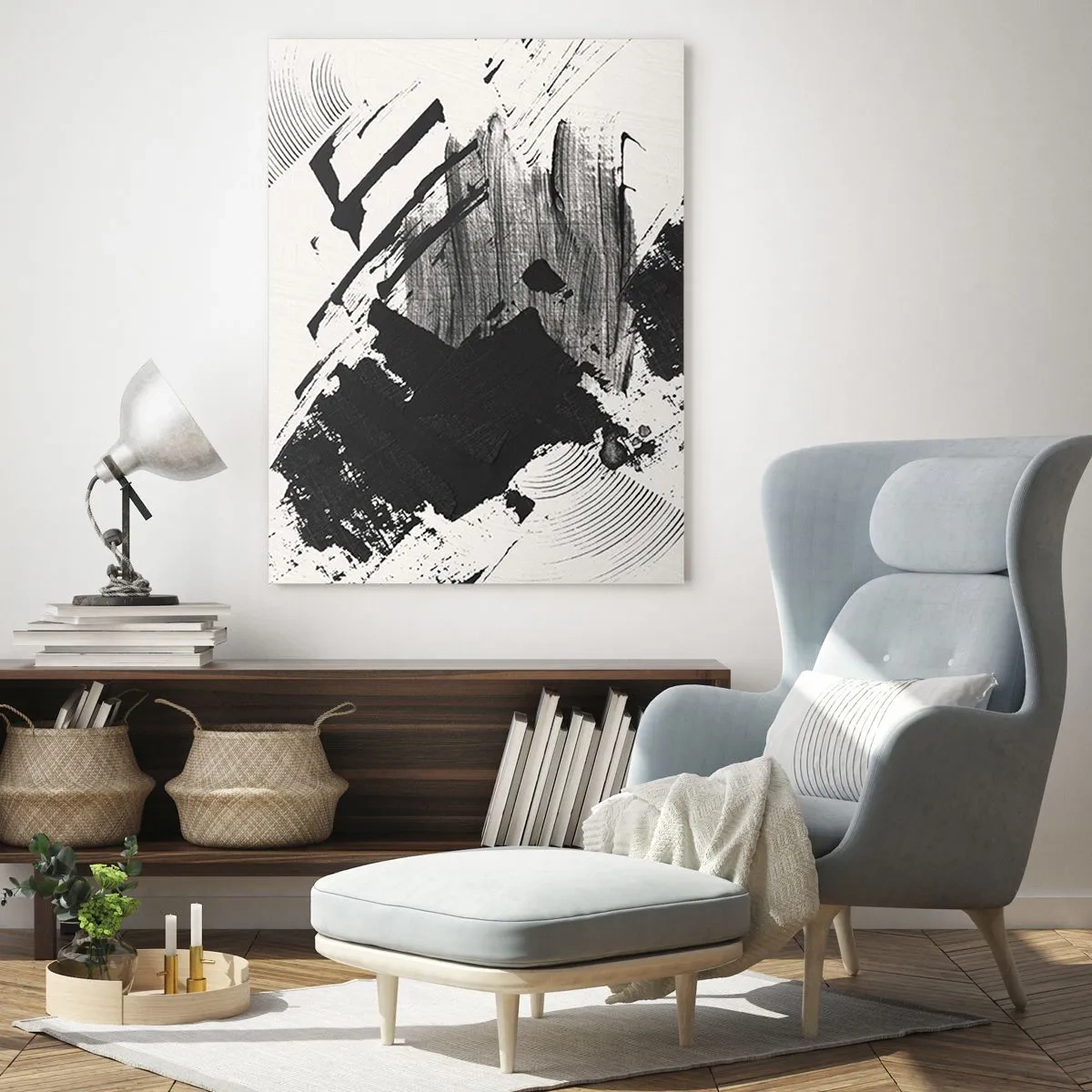 Quadro su vetro - Astrazione espressiva in bianco e nero con tratti dinamici. - 50x70cm - Astrazione: espressione di nero - Decorazione murale moderna per soggiorno e camera da letto ARTTOR