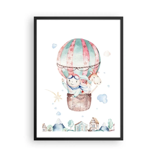 Poster in cornice nera - Una simpatica illustrazione di un orsacchiotto che vola in mongolfiera sopra una città - 50x70cm - Torniamo presto! - Decorazione murale moderna per soggiorno e camera da letto ARTTOR