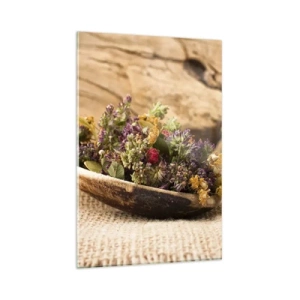 Quadro su vetro - Erbe essiccate in un cucchiaio di legno su uno sfondo di legno naturale - 80x120cm - Fiori colorati ed erbe odorose - Decorazione murale moderna per soggiorno e camera da letto ARTTOR