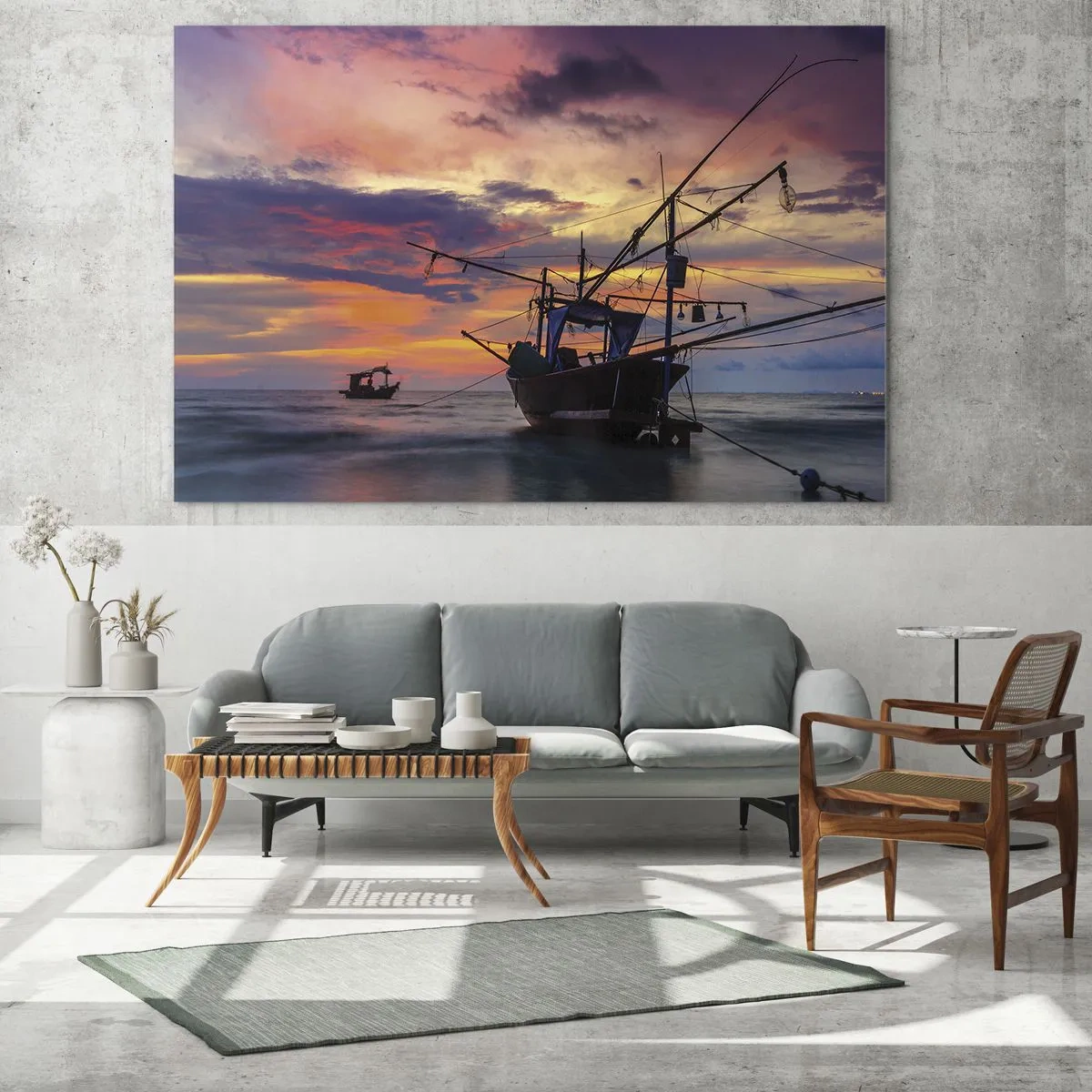 Quadro su vetro - Barche da pesca in mare al tramonto - 120x80cm - Sera esotica - Decorazione murale moderna per soggiorno e camera da letto ARTTOR