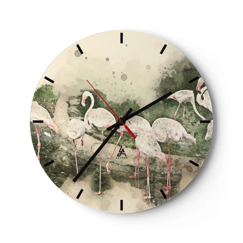 Orologio da parete - Orologio in Vetro - Uno stormo di fenicotteri in un ambiente tropicale e tranquillo - 30x30cm - Sogno esotico - Decorazione murale moderna per soggiorno, cucina e camera da letto ARTTOR