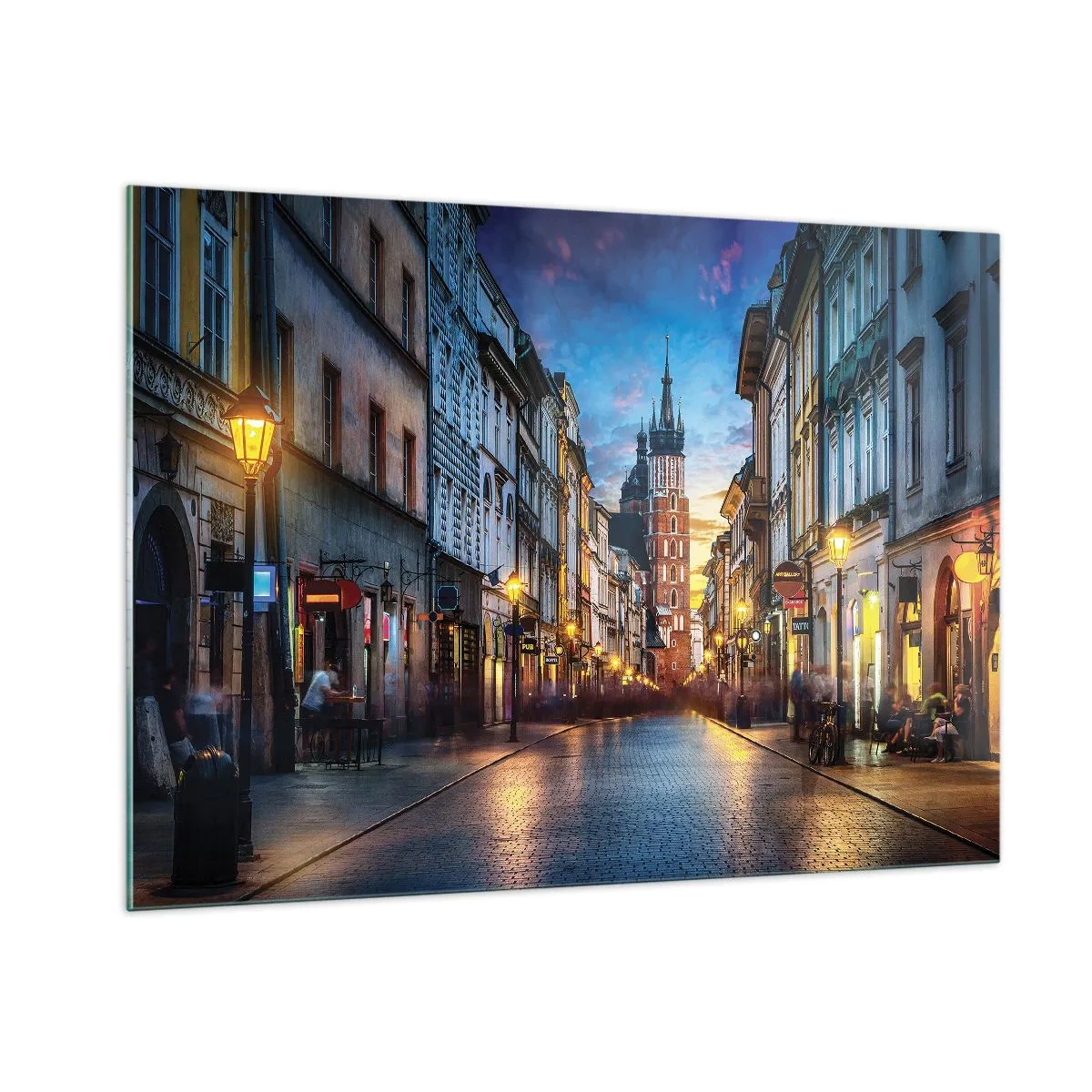 Quadro su vetro - Vista serale del centro storico con la chiesa sullo sfondo - 100x70cm - La magia di Cracovia - Decorazione murale moderna per soggiorno e camera da letto ARTTOR