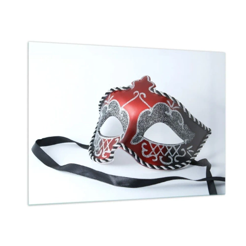 Quadro su vetro - Maschera di carnevale in rosso e argento - 100x70cm - Invito al ballo - Decorazione murale moderna per soggiorno e camera da letto ARTTOR