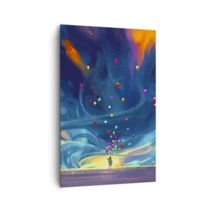 Quadro su tela - Stampe su Tela - Una figura con palloncini su uno sfondo di nuvole colorate e vorticose - 80x120cm - Sul vento blu - Decorazione murale moderna per soggiorno e camera da letto ARTTOR
