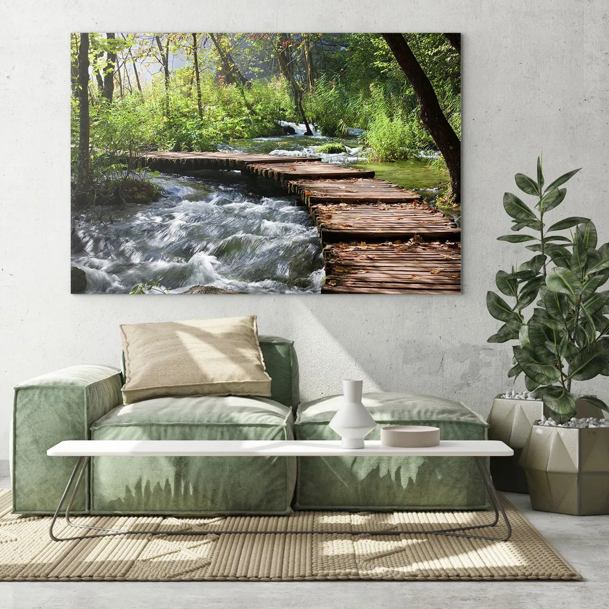 Quadro su vetro - Un ponte di legno sopra un ruscello impetuoso - 70x50cm - Sulla cascata spumeggiante - Decorazione murale moderna per soggiorno e camera da letto ARTTOR