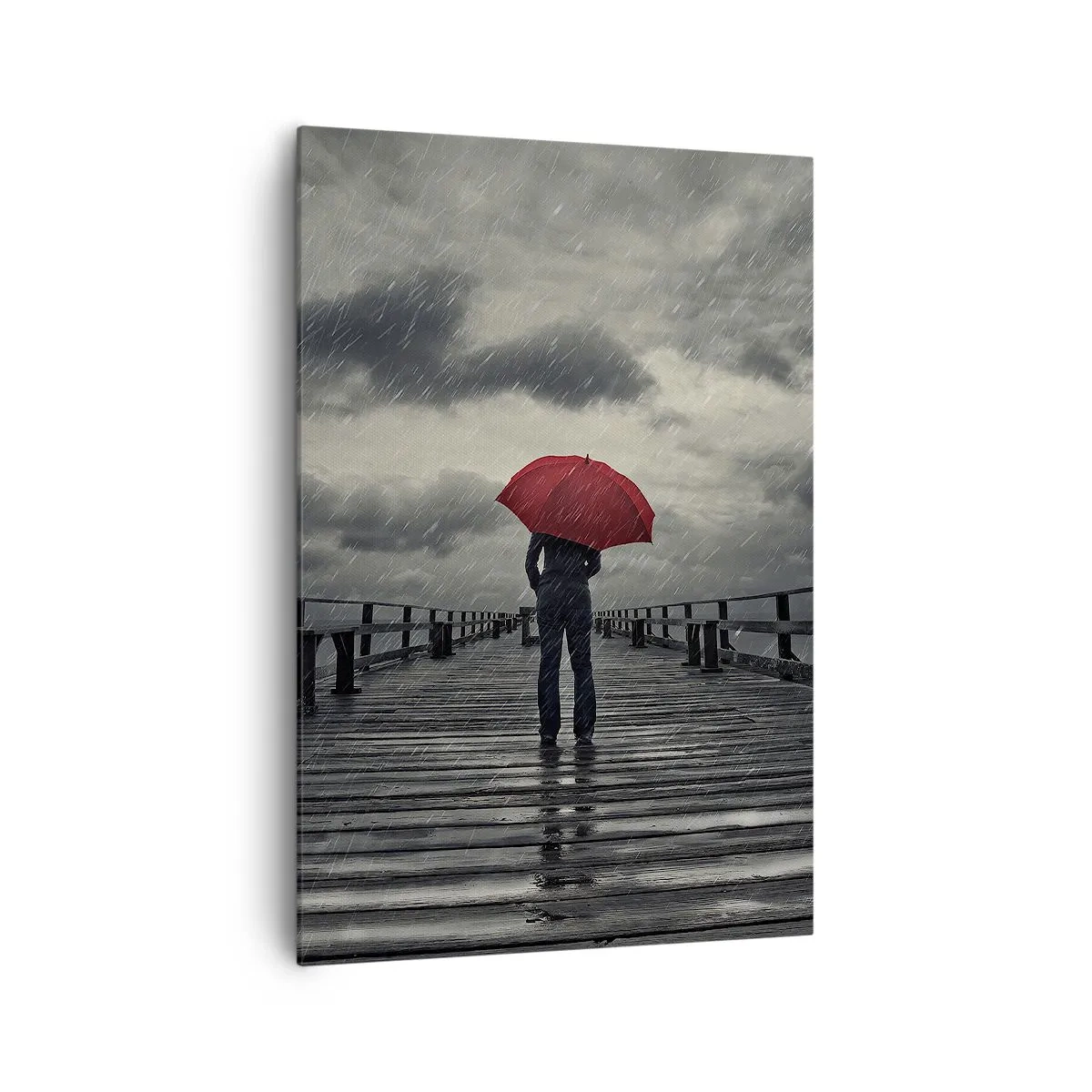 Quadro su tela - Stampe su Tela - Una persona con un ombrello rosso su un molo piovoso - 70x100cm - Non importa che piove - Decorazione murale moderna per soggiorno e camera da letto ARTTOR