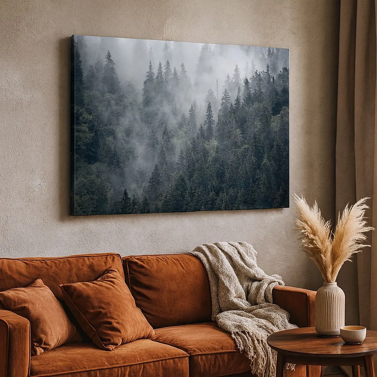 Quadro su tela - Stampe su Tela - Foresta di conifere nebbiosa nei toni del grigio e del verde - 70x50cm - Alba nel bosco - Decorazione murale moderna per soggiorno e camera da letto ARTTOR
