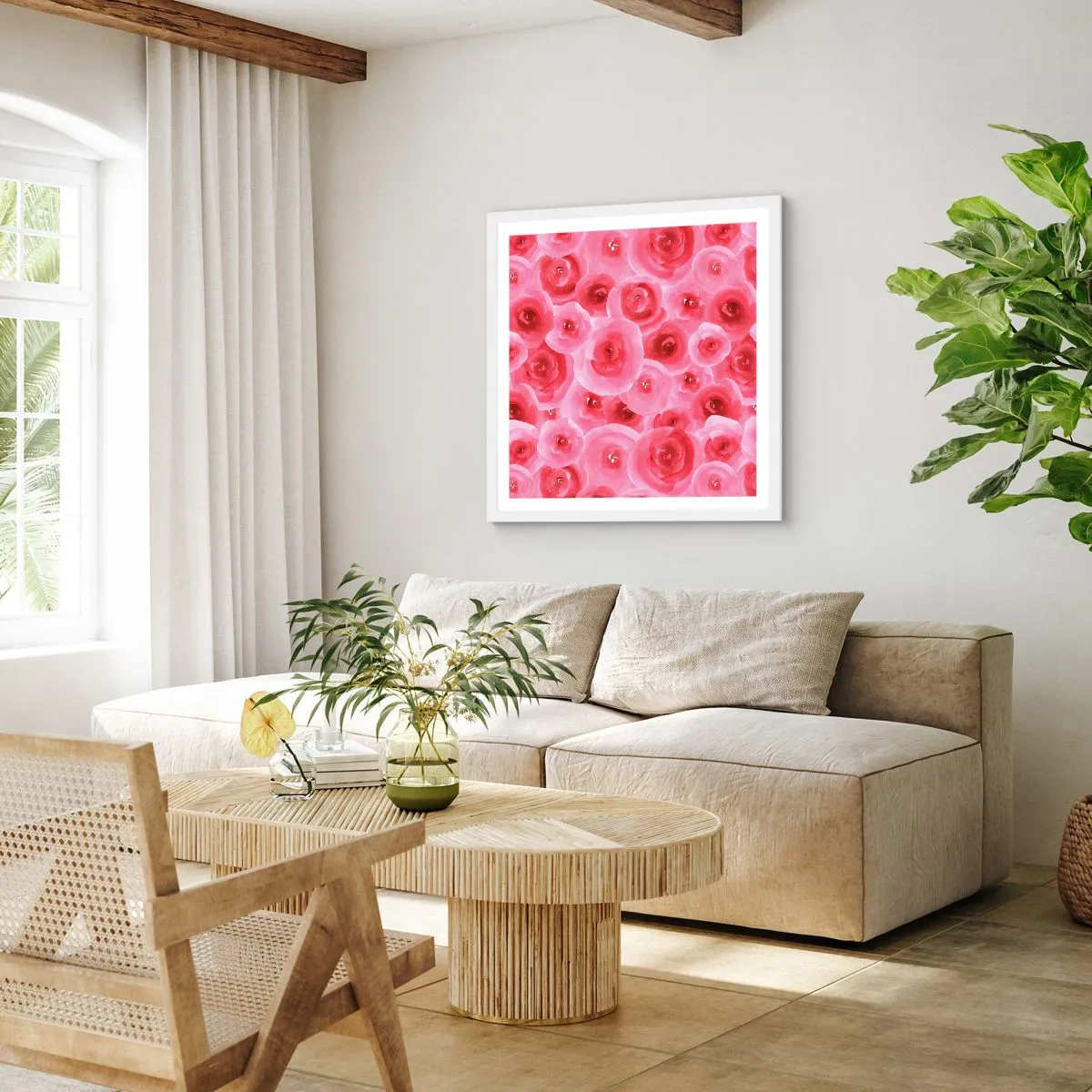 Poster in cornice bianca - Rose in alto e in basso - 60x60 cm