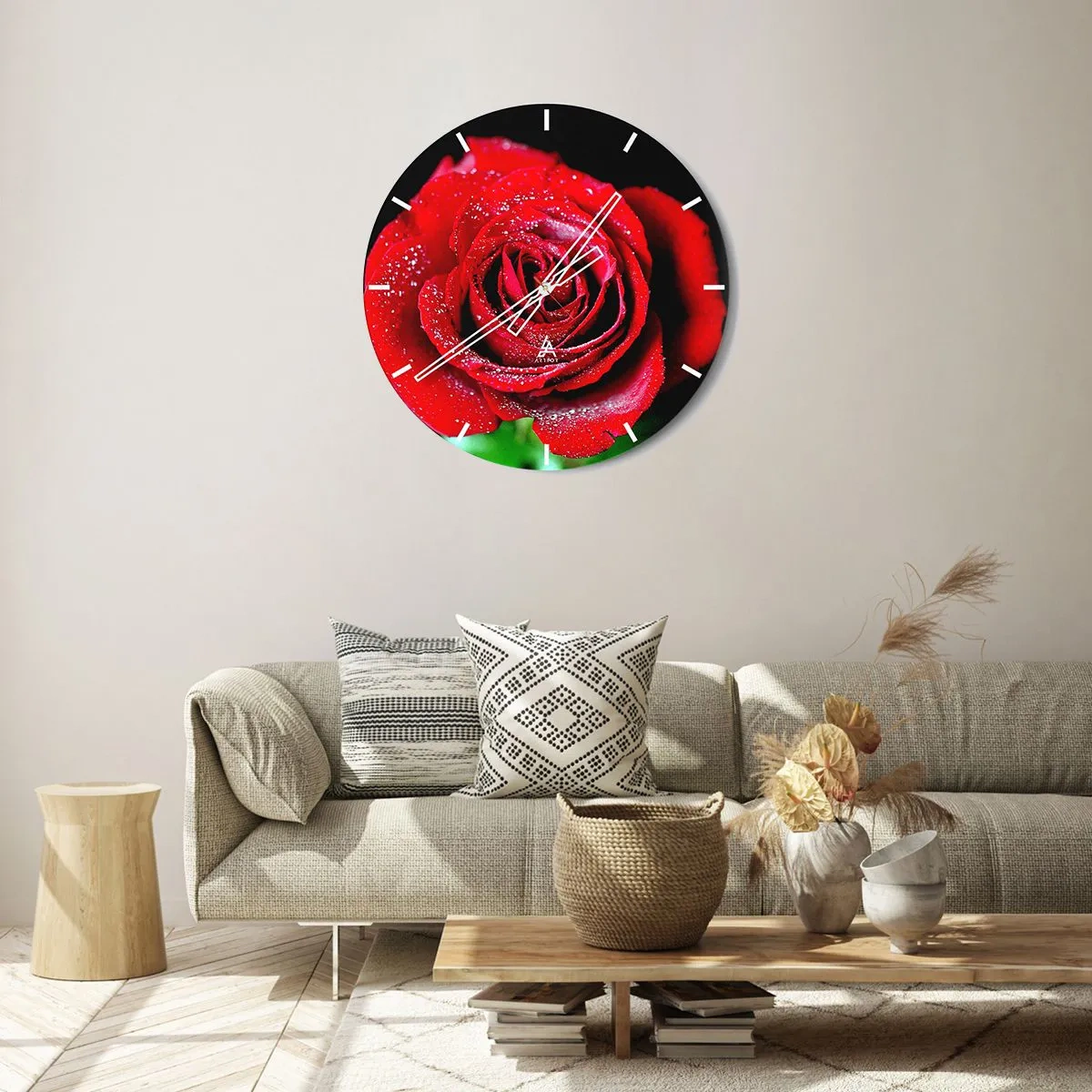 Orologio da parete - Orologio in Vetro - Una rosa rossa ricoperta di gocce di rugiada - 30x30cm - Ecco l'amore - Decorazione murale moderna per soggiorno, cucina e camera da letto ARTTOR