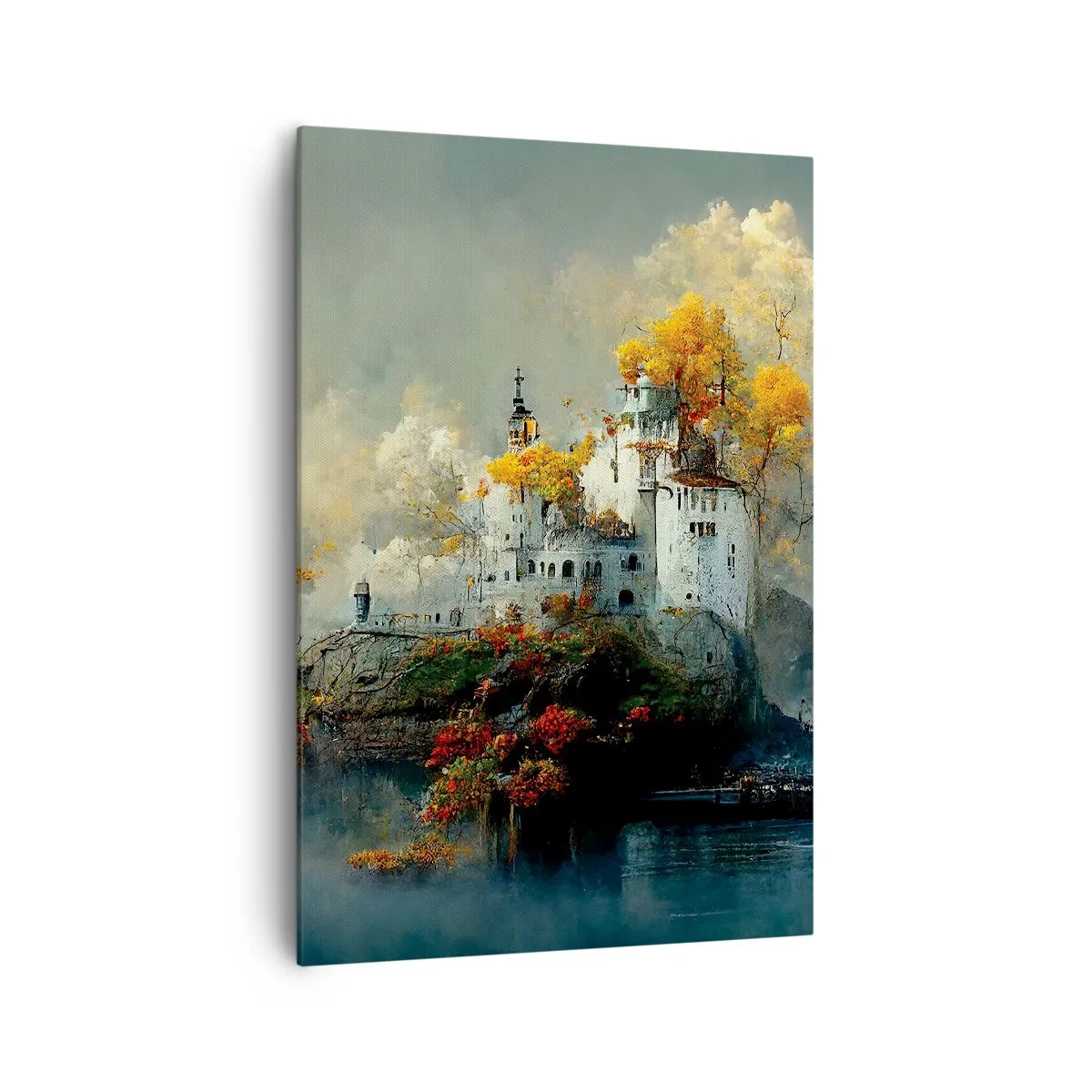 Quadro su tela - Stampe su Tela - Un castello su una collina circondato da alberi autunnali - 70x100cm - Inizio di una storia romantica - Decorazione murale moderna per soggiorno e camera da letto ARTTOR