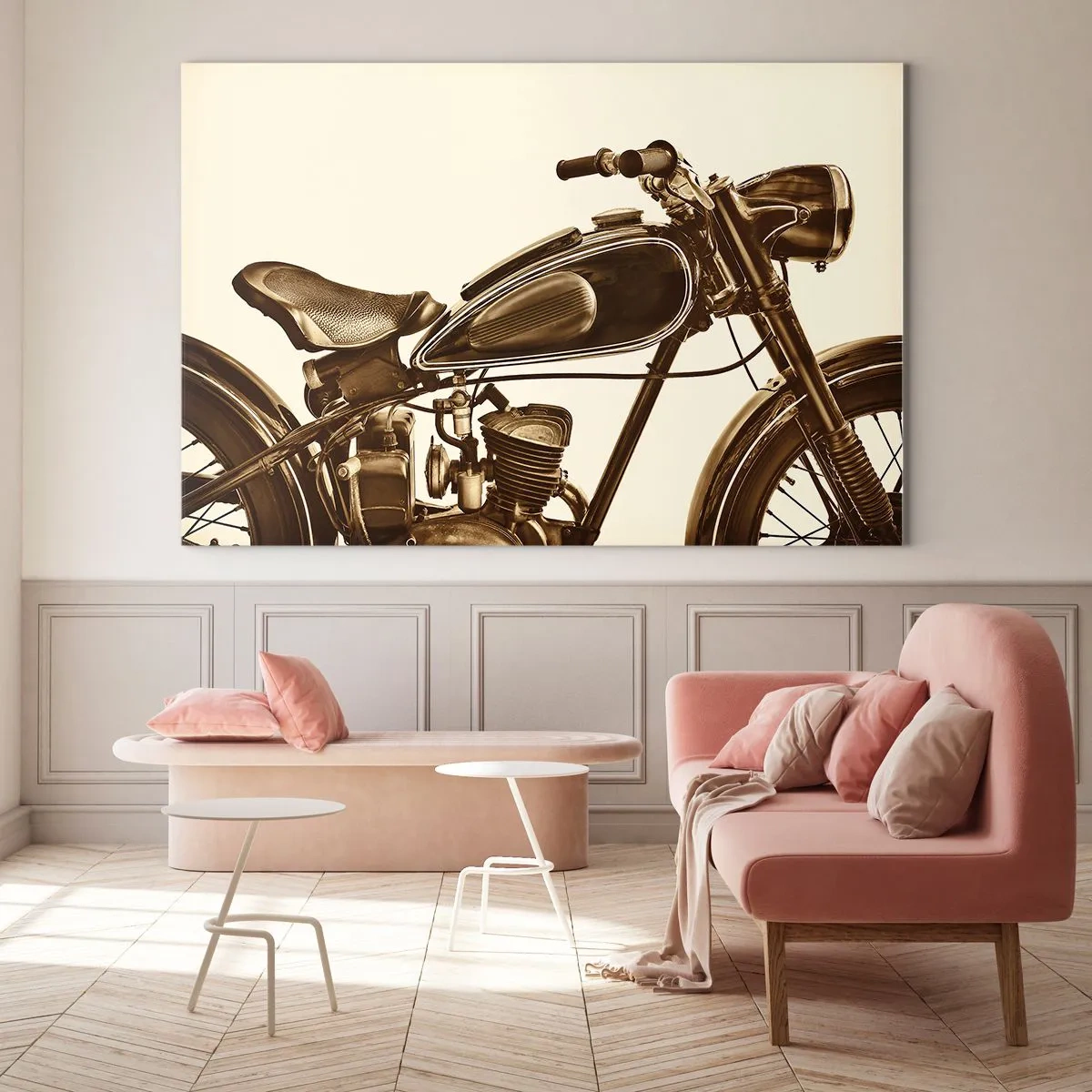 Quadro su vetro - Elegante motocicletta retrò in tonalità seppia su sfondo chiaro - 120x80cm - Nostalgia per la classicità - Decorazione murale moderna per soggiorno e camera da letto ARTTOR