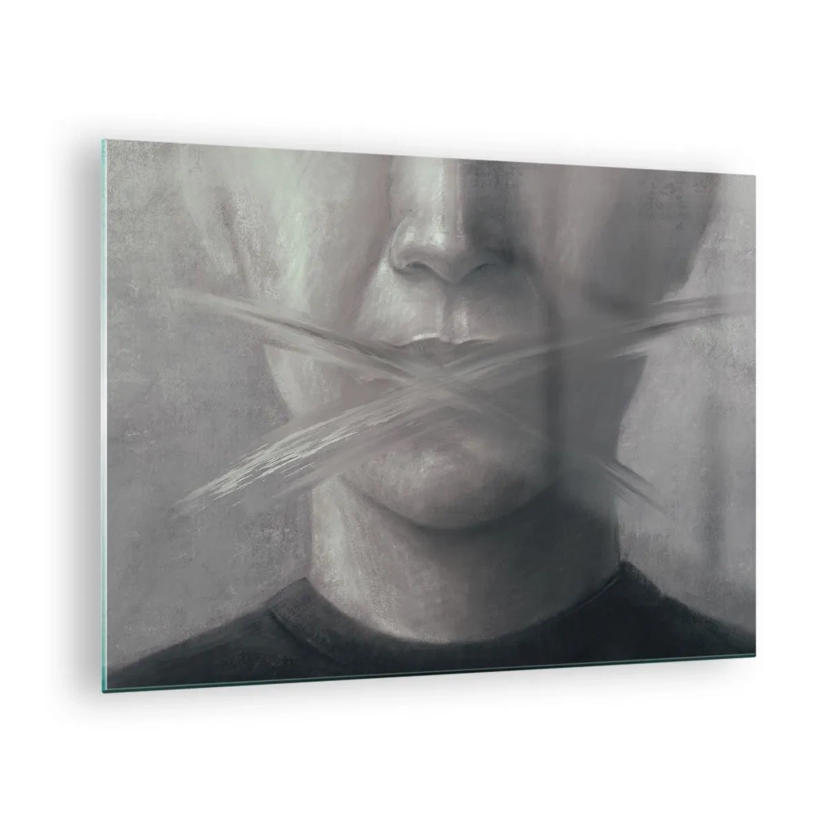 Quadro su vetro - Ritratto di una persona con le labbra macchiate in tonalità di grigio - 70x50cm - Neanche una parola - Decorazione murale moderna per soggiorno e camera da letto ARTTOR