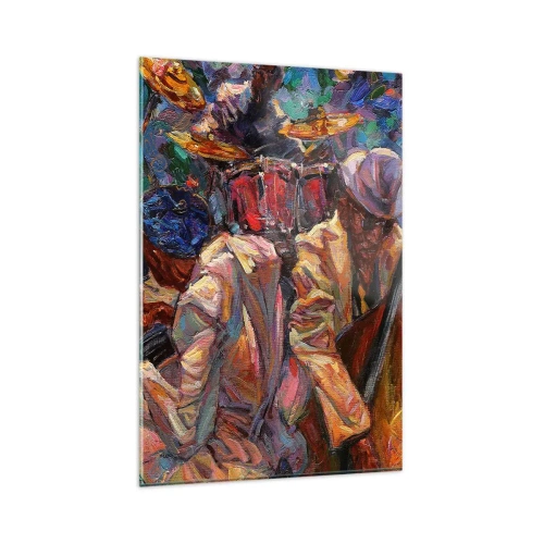Quadro su vetro - Scena jazz energica con musicisti e strumenti - 80x120cm - In un unico ritmo - Decorazione murale moderna per soggiorno e camera da letto ARTTOR