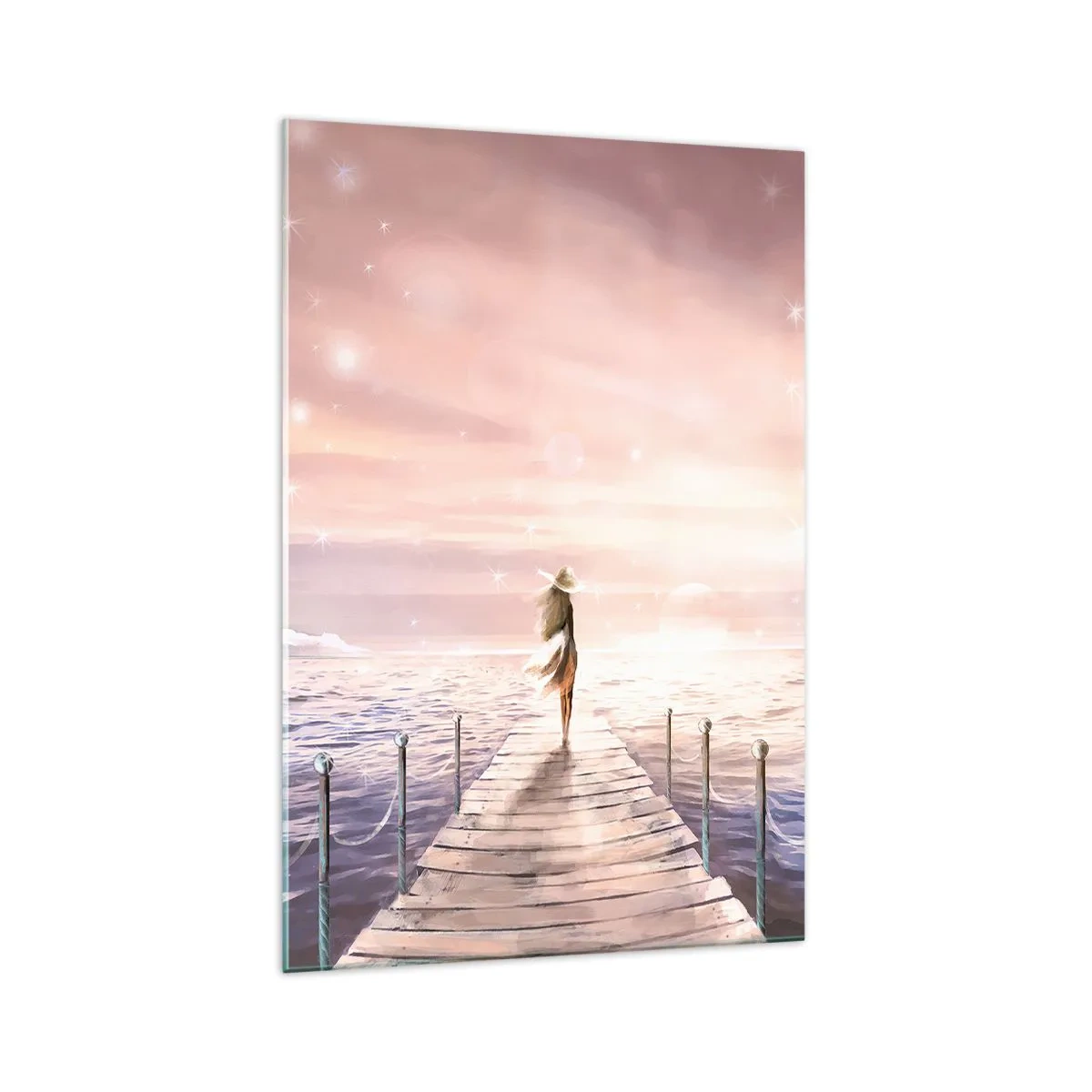 Quadro su vetro - Una donna su un molo in una magica cornice al tramonto - 70x100cm - Alla luce del sogno - Decorazione murale moderna per soggiorno e camera da letto ARTTOR