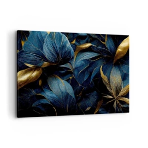 Quadro su tela - Stampe su Tela - Eleganti foglie nei toni dell'oro e del blu navy - 120x80cm - Foderati d'oro - Decorazione murale moderna per soggiorno e camera da letto ARTTOR