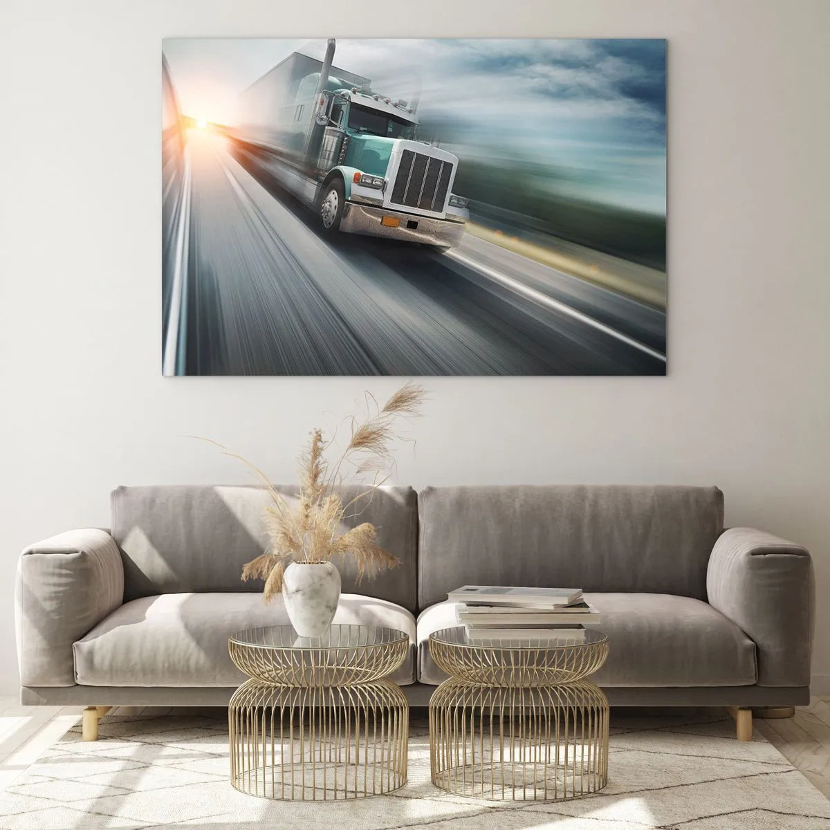 Quadro su vetro - Camion in autostrada al tramonto - 100x70cm - Gigante americano in corsa - Decorazione murale moderna per soggiorno e camera da letto ARTTOR