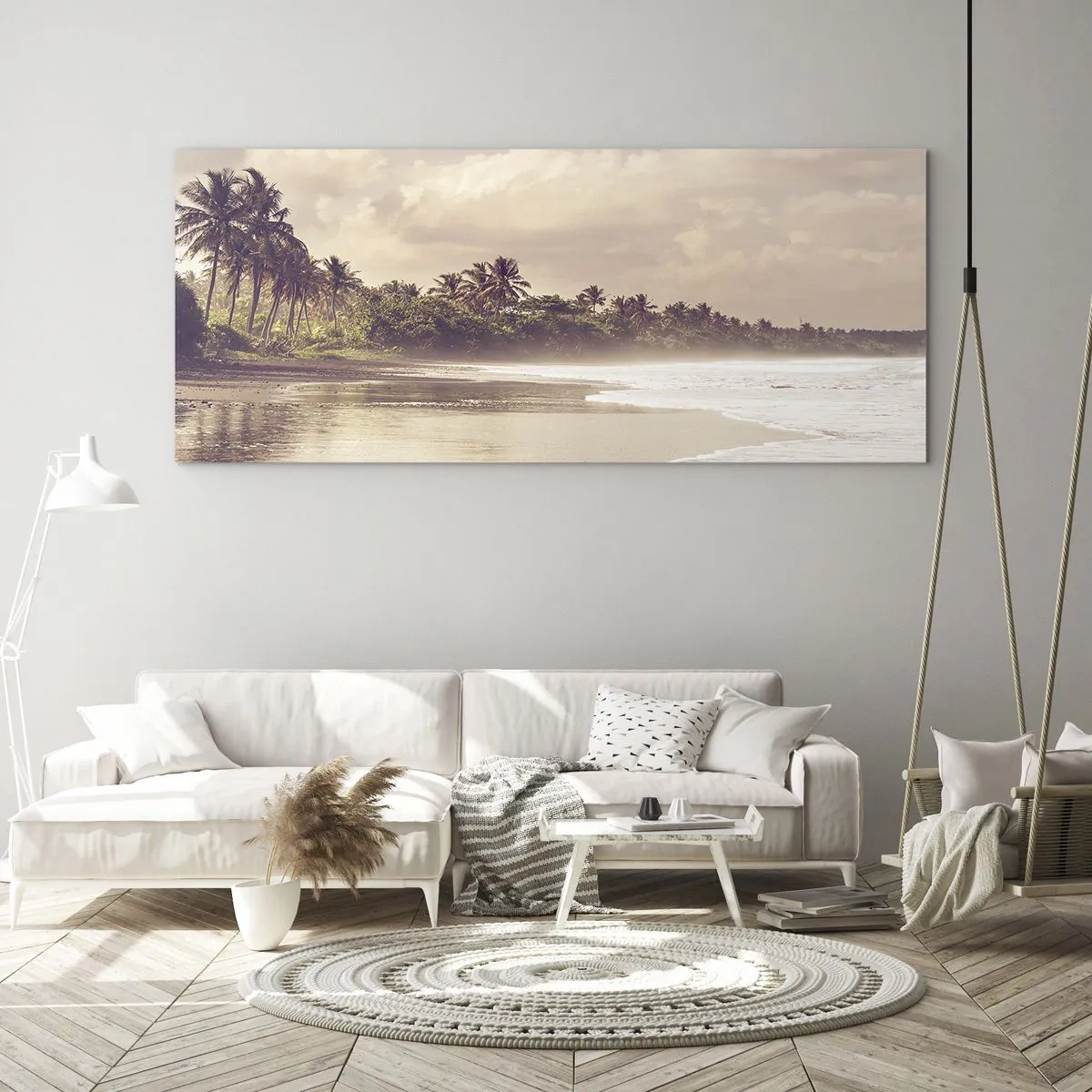 Quadro su vetro - Una spiaggia con palme e onde dolci al mattino - 120x50cm - La carezza delle onde - Decorazione murale moderna per soggiorno e camera da letto ARTTOR