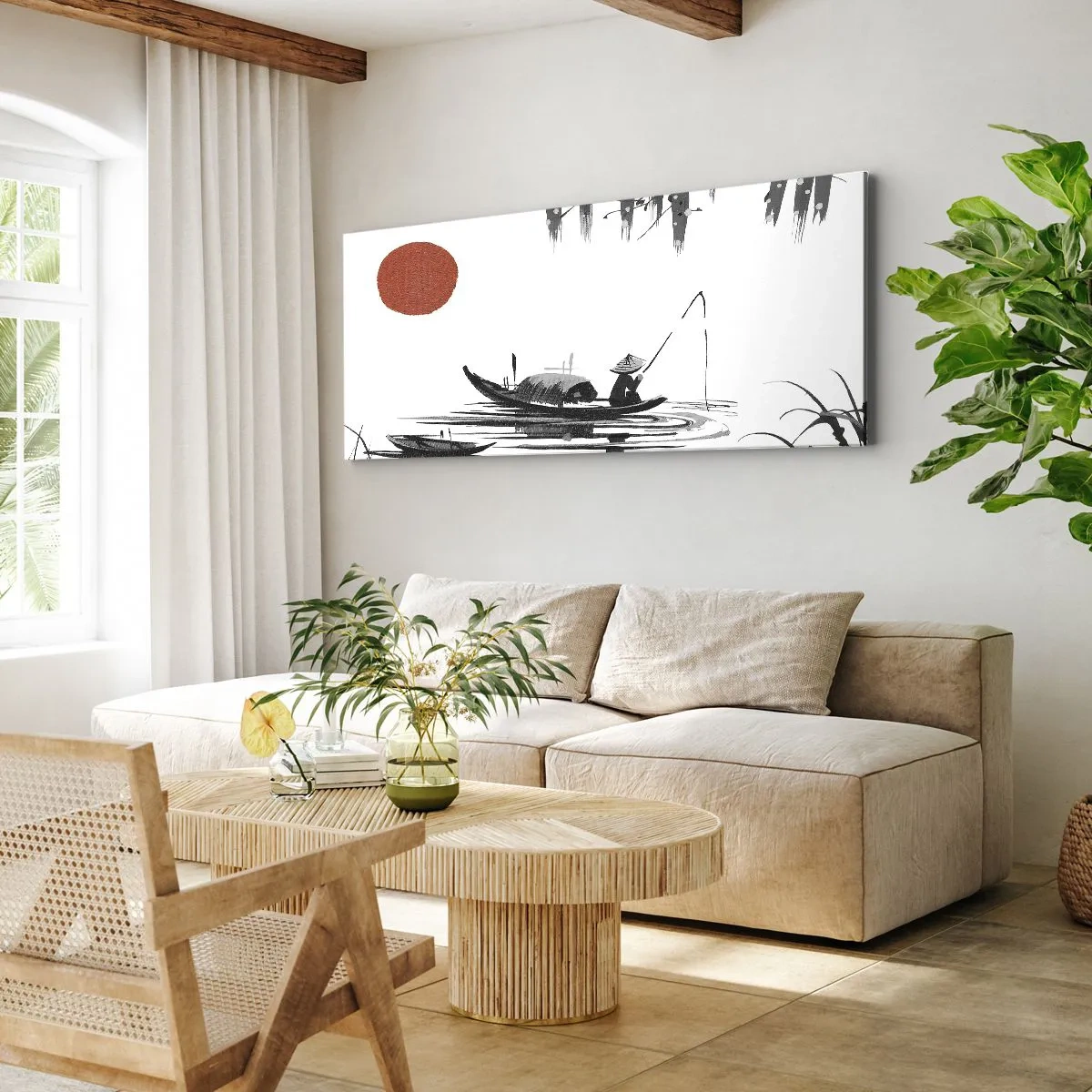 Quadro su tela - Stampe su Tela - Paesaggio orientale con un pescatore su una barca e un sole rosso - 140x50cm - Pomeriggio asiatico - Decorazione murale moderna per soggiorno e camera da letto ARTTOR