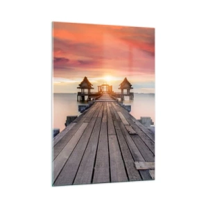 Quadro su vetro - Molo di legno che conduce ai gazebo in riva all'acqua al tramonto - 50x70cm - Tramonto d'oriente - Decorazione murale moderna per soggiorno e camera da letto ARTTOR