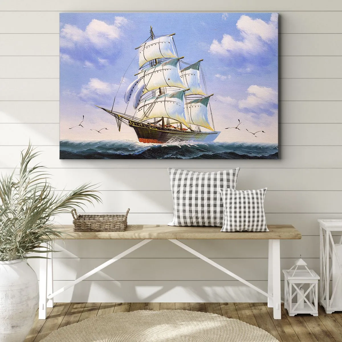 Quadro su tela - Stampe su Tela - Una nave a vela in mare aperto sotto un cielo azzurro - 70x50cm - Con orgoglio nel vento - Decorazione murale moderna per soggiorno e camera da letto ARTTOR