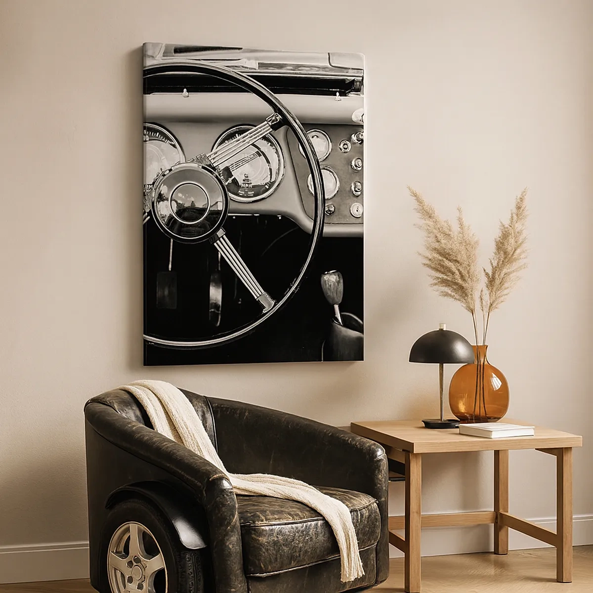 Quadro su tela - Stampe su Tela - Interni di auto d'epoca in bianco e nero - 50x70cm - Il sogno del collezionista - Decorazione murale moderna per soggiorno e camera da letto ARTTOR