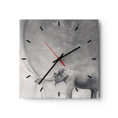 Orologio da parete - Orologio in Vetro - Un elefante che scosta la tenda in una surreale ripresa in bianco e nero - 30x30cm - Svelare il mistero - Decorazione murale moderna per soggiorno e camera da letto ARTTOR