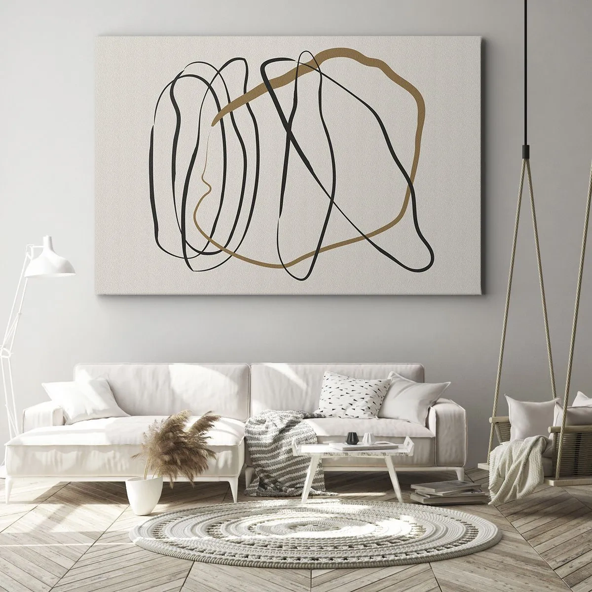 Quadro su tela - Stampe su Tela - Linee artistiche in nero e oro su uno sfondo chiaro - 70x50cm - Composizione: danza intricata - Decorazione murale moderna per soggiorno e camera da letto ARTTOR