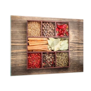 Quadro su vetro - Spezie colorate in scomparti di legno - 100x70cm - Ordine delle forme, bouquet degli aromi - Decorazione murale moderna per soggiorno e camera da letto ARTTOR