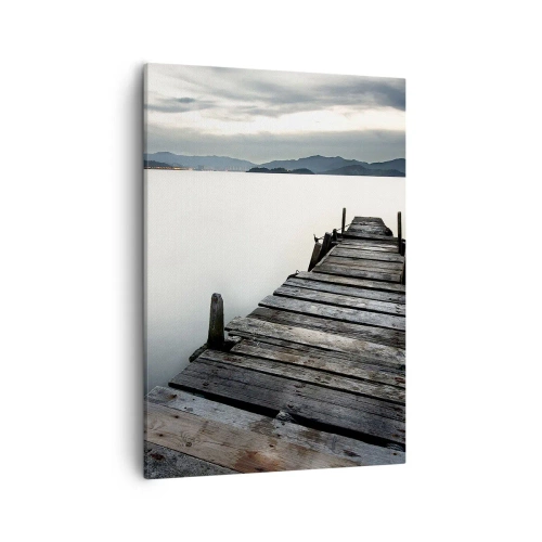 Quadro su tela - Stampe su Tela - Un ponte di legno che conduce verso un lago tranquillo - 50x70cm - Immergersi nella tranquillità - Decorazione murale moderna per soggiorno e camera da letto ARTTOR