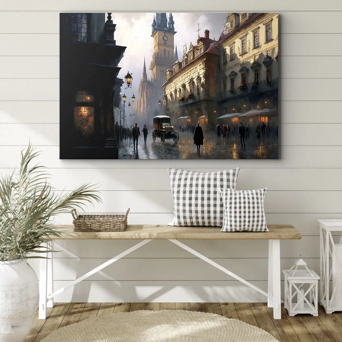 Quadro su tela - Stampe su Tela - Scena di strada serale con architettura storica - 120x80cm - Il fascino delle sere di Praga - Decorazione murale moderna per soggiorno e camera da letto ARTTOR