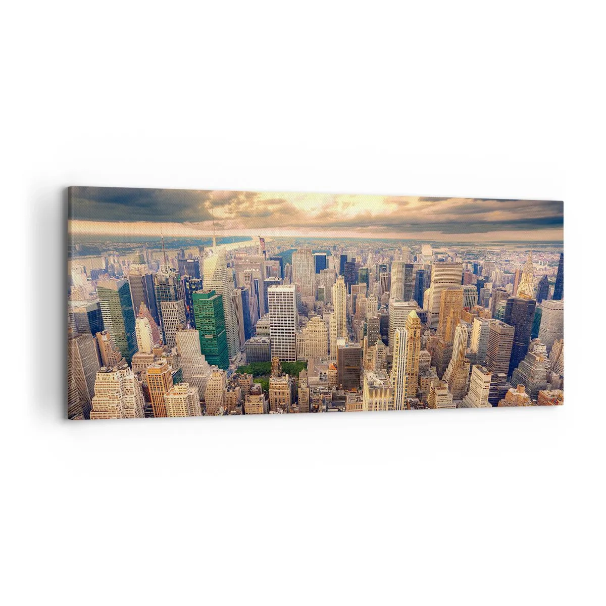 Quadro su tela - Stampe su Tela - Panorama della città con vista sui grattacieli al tramonto - 120x50cm - Metropolis dorata - Decorazione murale moderna per soggiorno e camera da letto ARTTOR