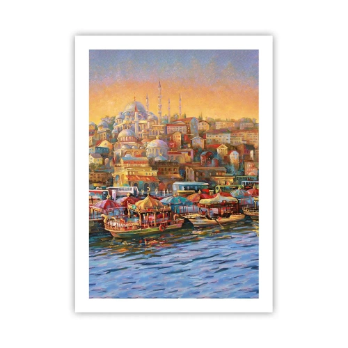 Poster - Un paesaggio urbano colorato con moschee in riva all'acqua - 50x70cm - Racconto da Istanbul - Decorazione murale moderna per soggiorno e camera da letto ARTTOR