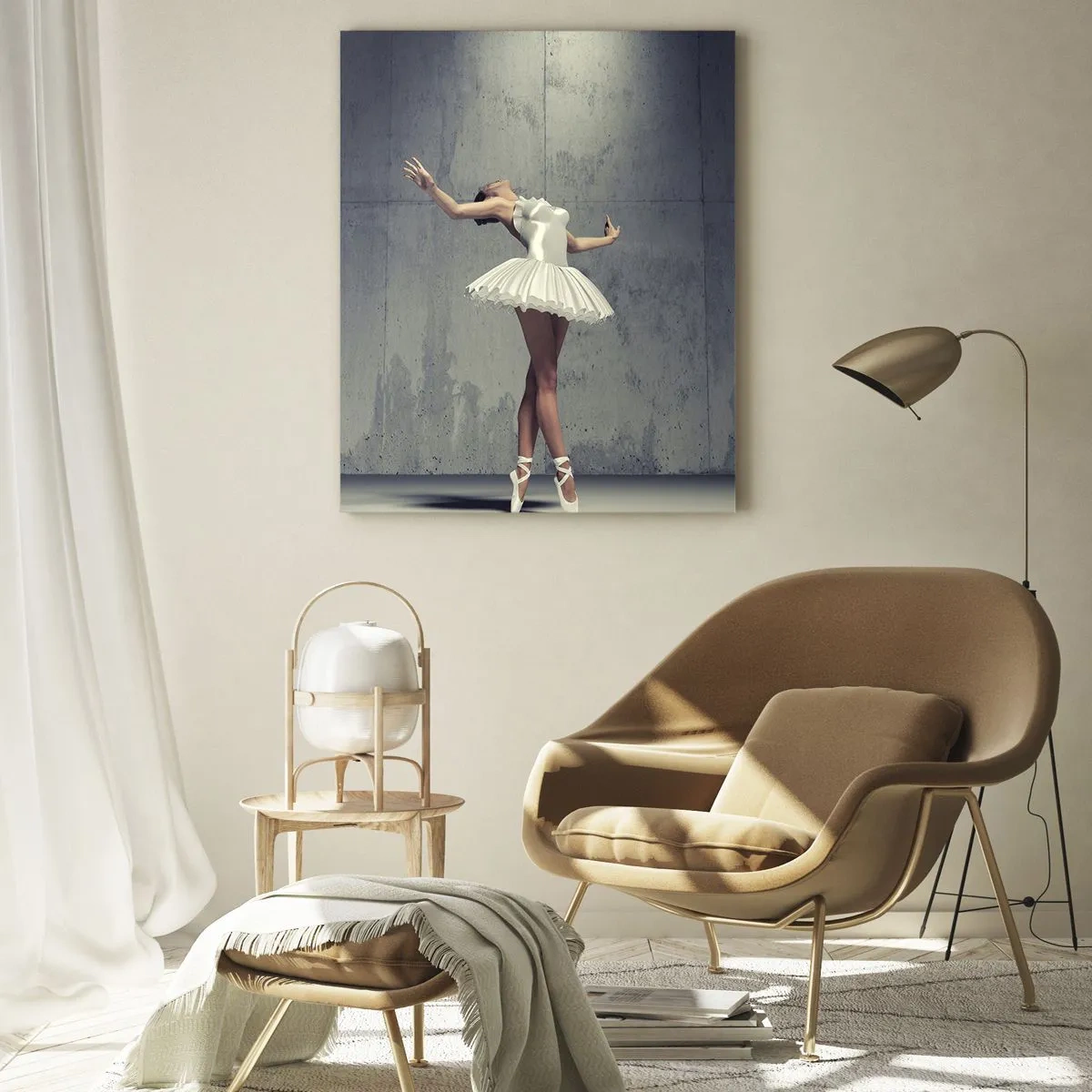 Quadro su vetro - Una ballerina in abito bianco contro un muro grezzo - 50x70cm - Leggero come un uccello - Decorazione murale moderna per soggiorno e camera da letto ARTTOR