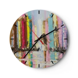 Orologio da parete - Orologio in Vetro - Una donna in abito bianco in un colorato contesto urbano - 30x30cm - Seguimi - Decorazione murale moderna per soggiorno, cucina e camera da letto ARTTOR