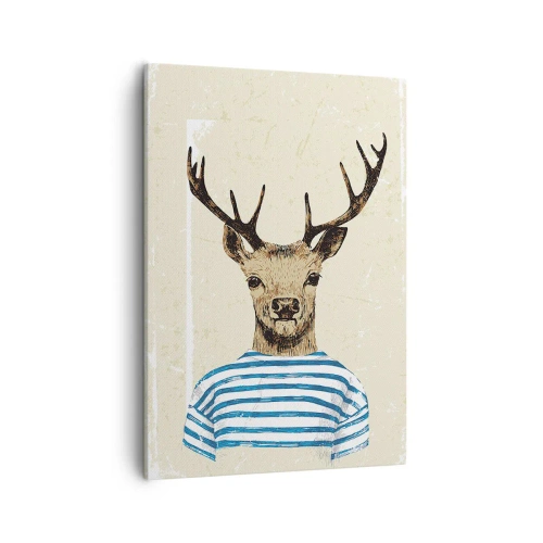 Quadro su tela - Stampe su Tela - Un cervo con una camicia a righe su uno sfondo chiaro con una trama delicata - 50x70cm - Mi piacciono le camicie a righe! - Decorazione murale moderna per soggiorno e camera da letto ARTTOR