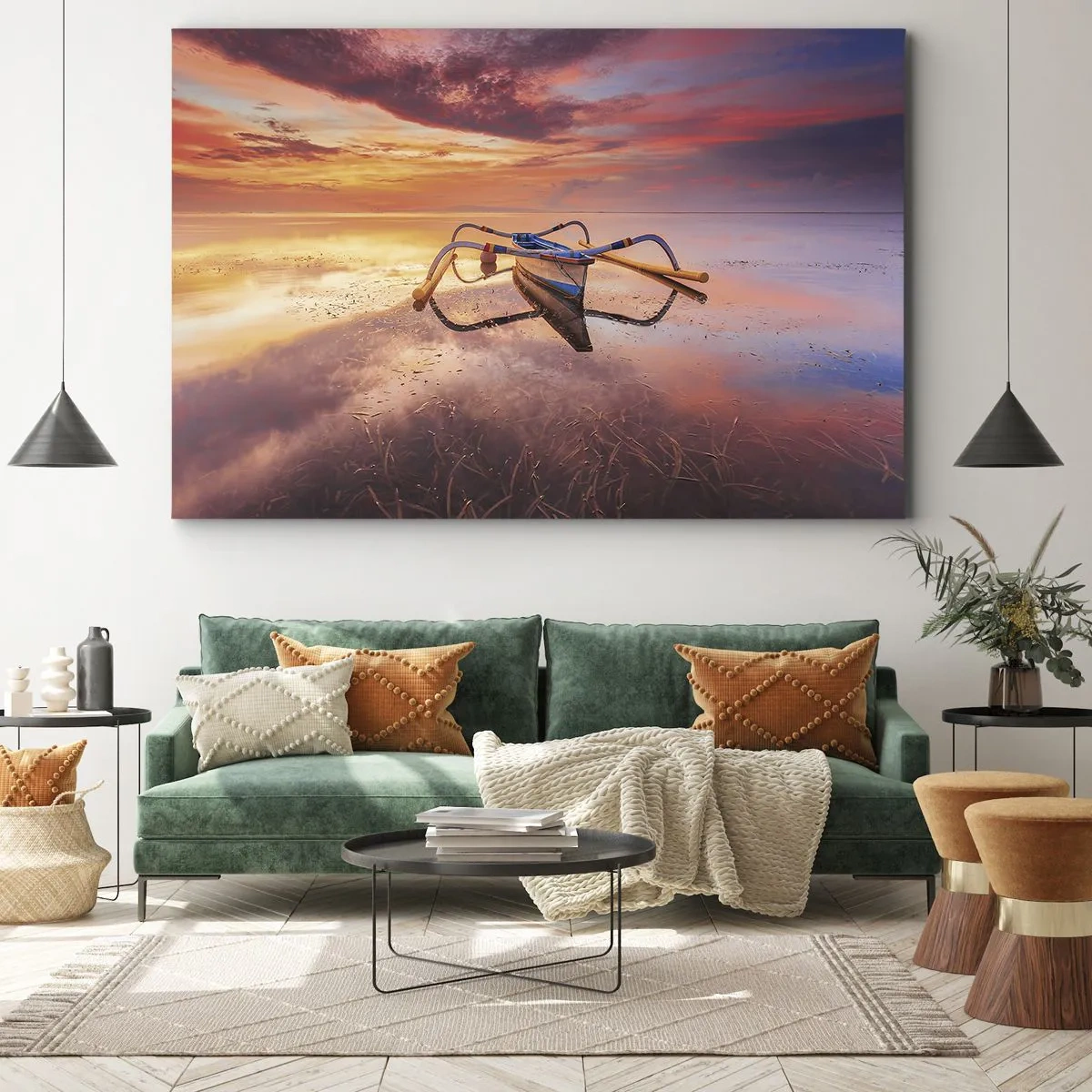 Quadro su tela - Stampe su Tela - Una barca in acque calme al tramonto - 100x70cm - La pace della sera tropicale - Decorazione murale moderna per soggiorno e camera da letto ARTTOR