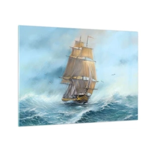 Quadro su vetro - Una nave a vela in un mare in tempesta in stile pittorico - 70x50cm - Frangendo i flutti - Decorazione murale moderna per soggiorno e camera da letto ARTTOR