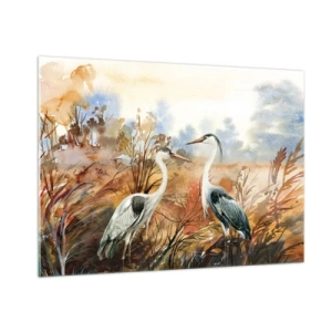 Quadro su vetro - Due gru in un paesaggio autunnale dipinto ad acquerello - 100x70cm - Dove in autunno? - Decorazione murale moderna per soggiorno e camera da letto ARTTOR