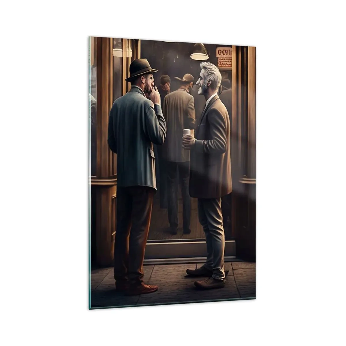 Quadro su vetro - Scena di strada con persone davanti a un caffè retrò - 80x120cm - Il buon momento della giornata - Decorazione murale moderna per soggiorno e camera da letto ARTTOR