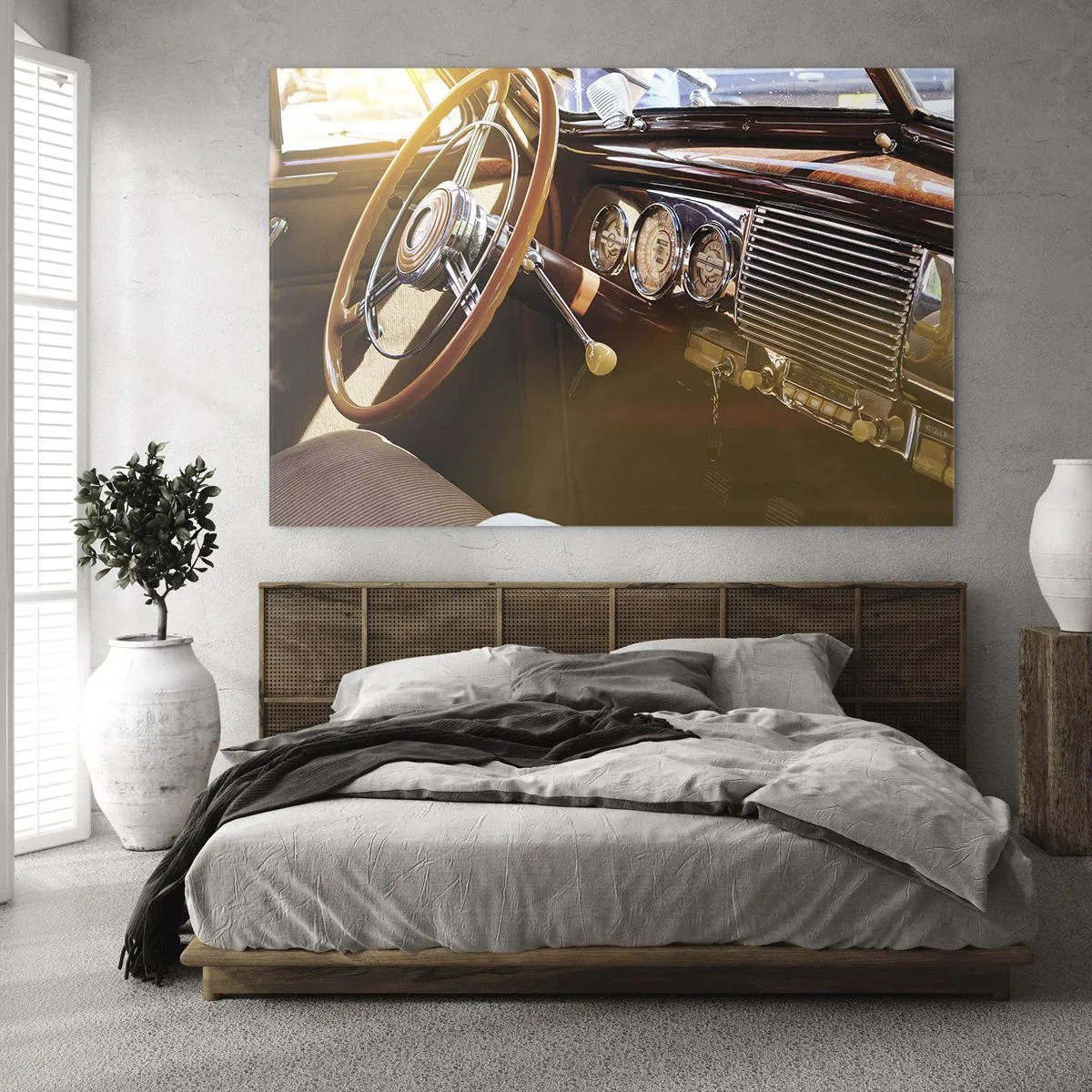 Quadro su vetro - Interno di un'auto d'epoca con volante in legno - 120x80cm - Un soffio di lusso dal passato - Decorazione murale moderna per soggiorno e camera da letto ARTTOR