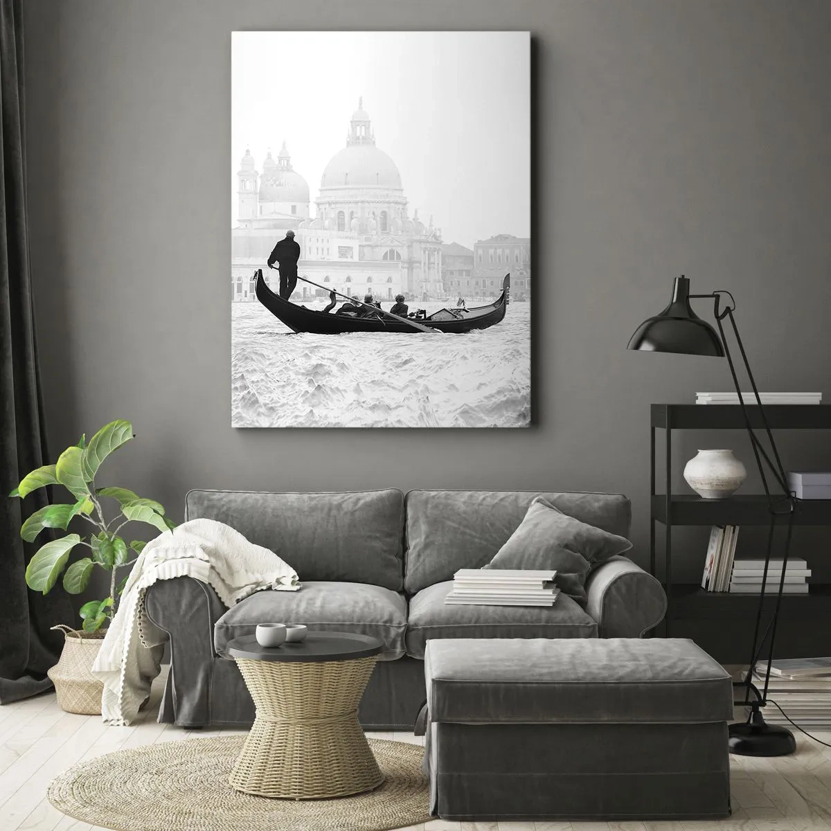 Quadro su tela - Stampe su Tela - Una gondola con la basilica sullo sfondo in bianco e nero - 50x70cm - Viaggio alla fonte della bellezza - Decorazione murale moderna per soggiorno e camera da letto ARTTOR